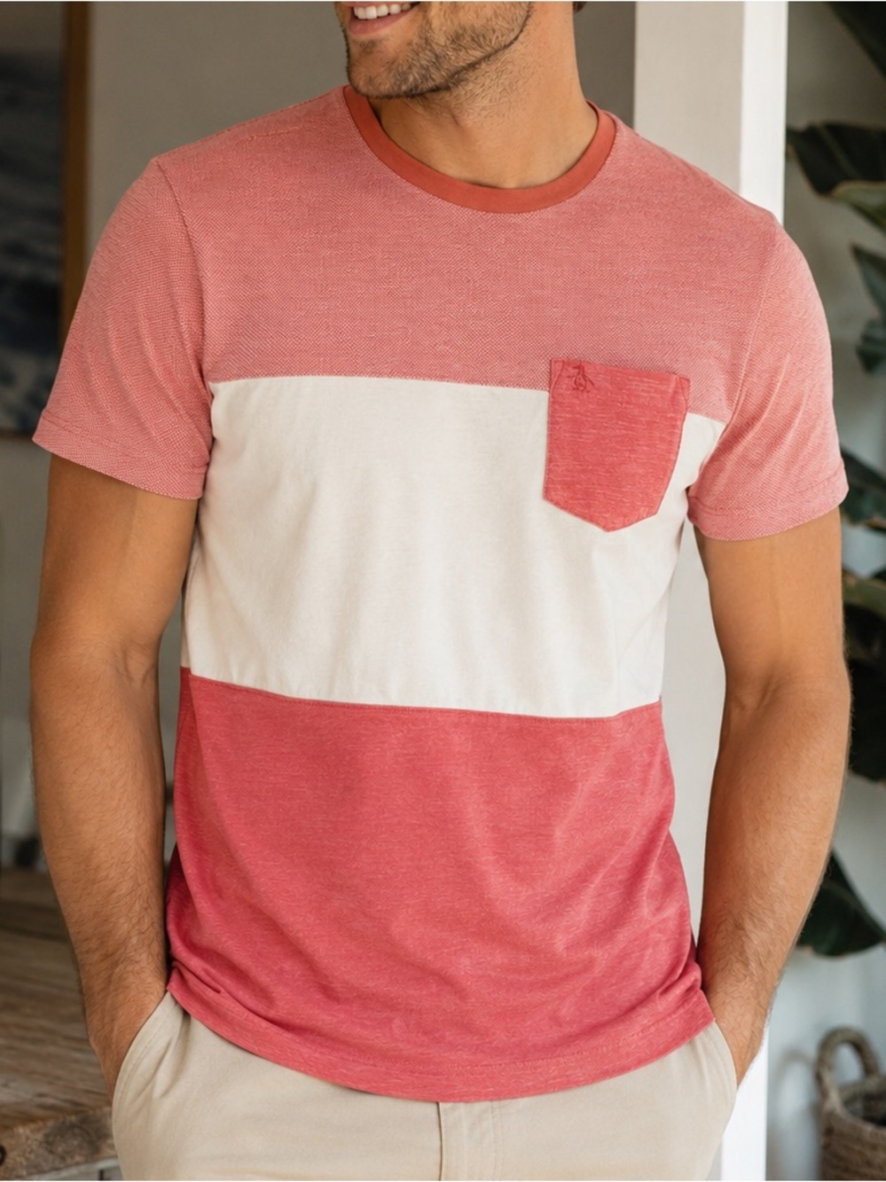 Original Penguin XL Coral Red Colorblock Pocket Tee Shirt Men’s Coastal Dad